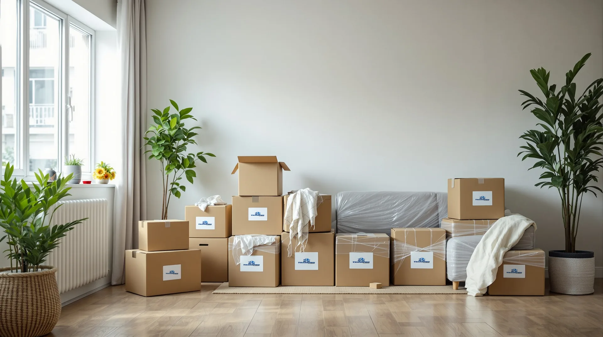 Cartons de déménagement Transpro Overseas prêts dans un appartement