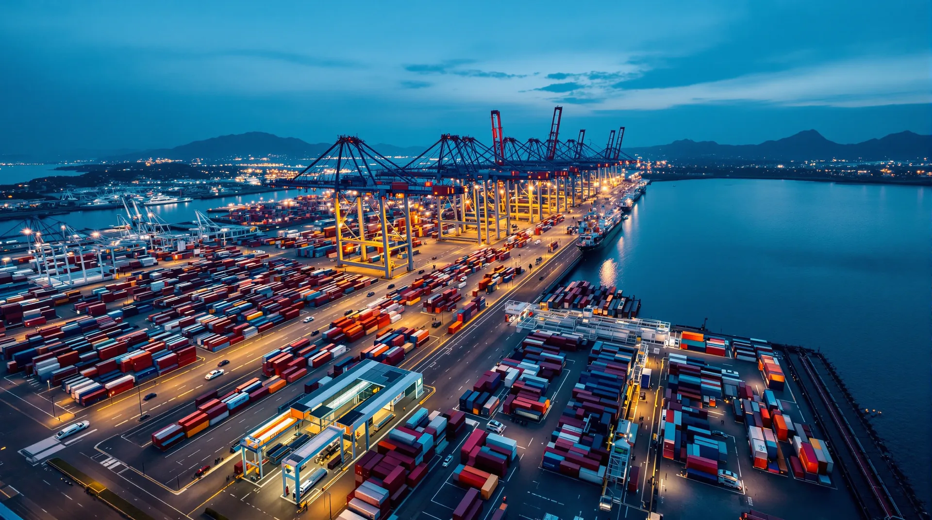 Terminal à conteneurs portuaire éclairé de nuit