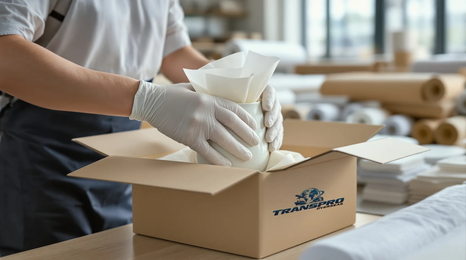 Emballage d'un objet fragile dans un carton Transpro Overseas