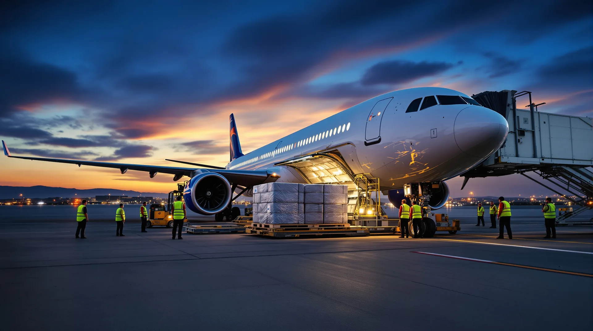 Chargement de fret dans un avion cargo sur le tarmac au crépuscule