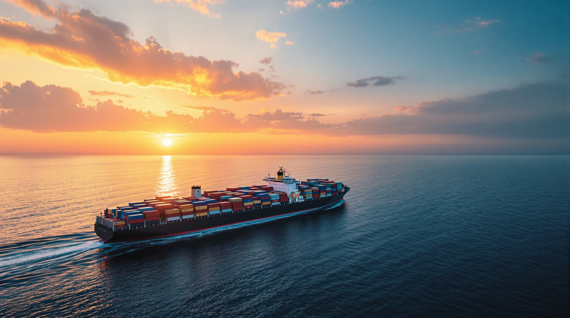 Porte-conteneurs en pleine mer au coucher du soleil