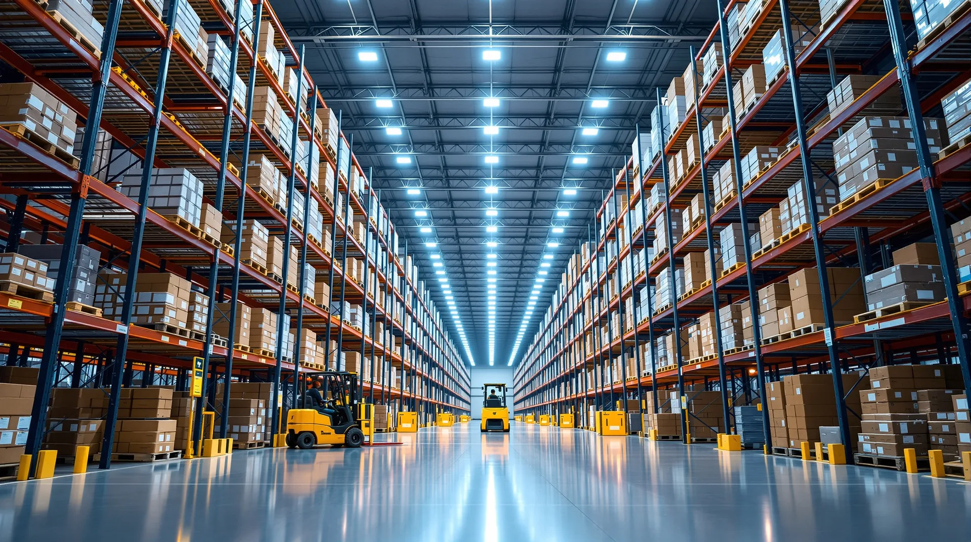 Allée d'entrepôt logistique bordée de rayonnages