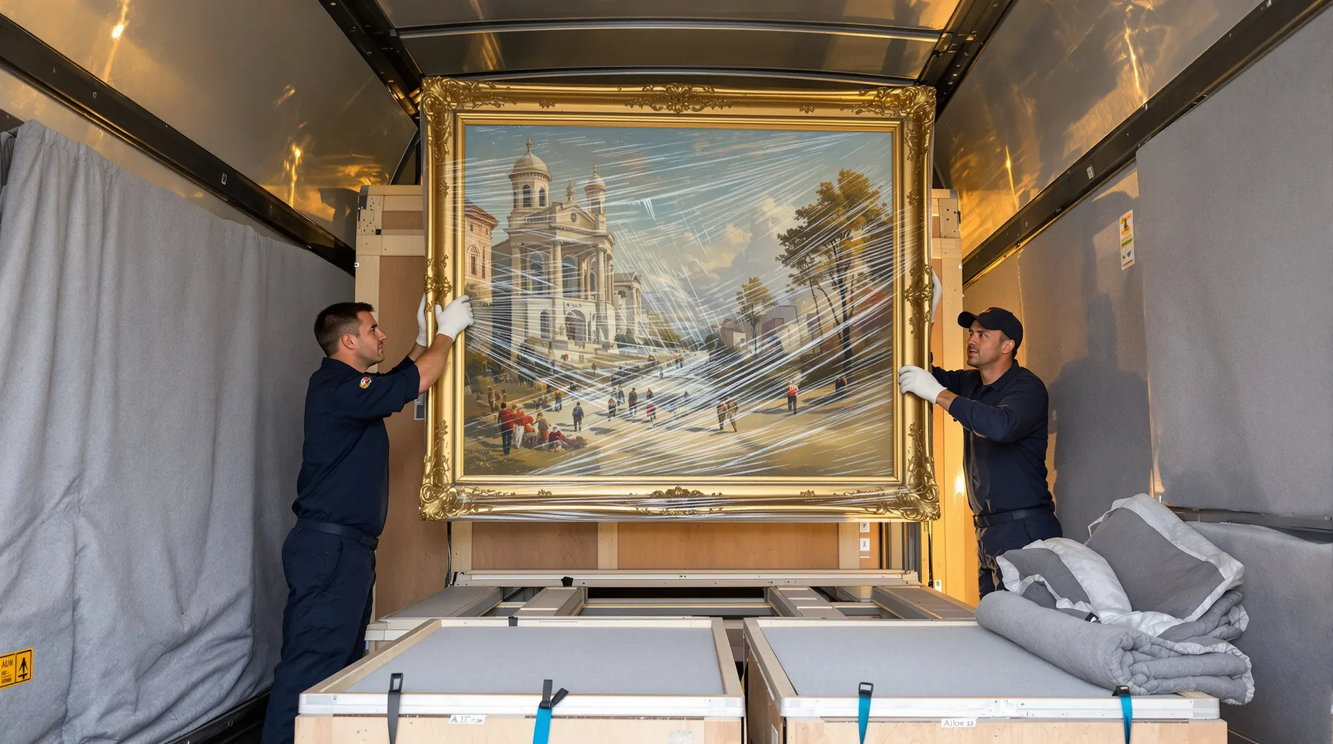 Deux manutentionnaires sécurisent un grand tableau encadré dans un camion